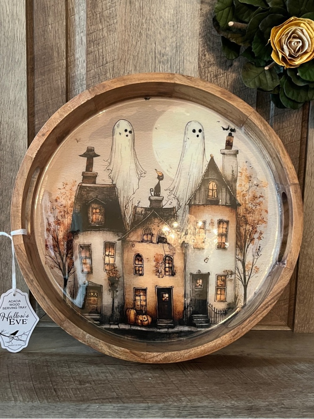 Viral Halloween Whimsical Ghost Wooden Tray Haunted House